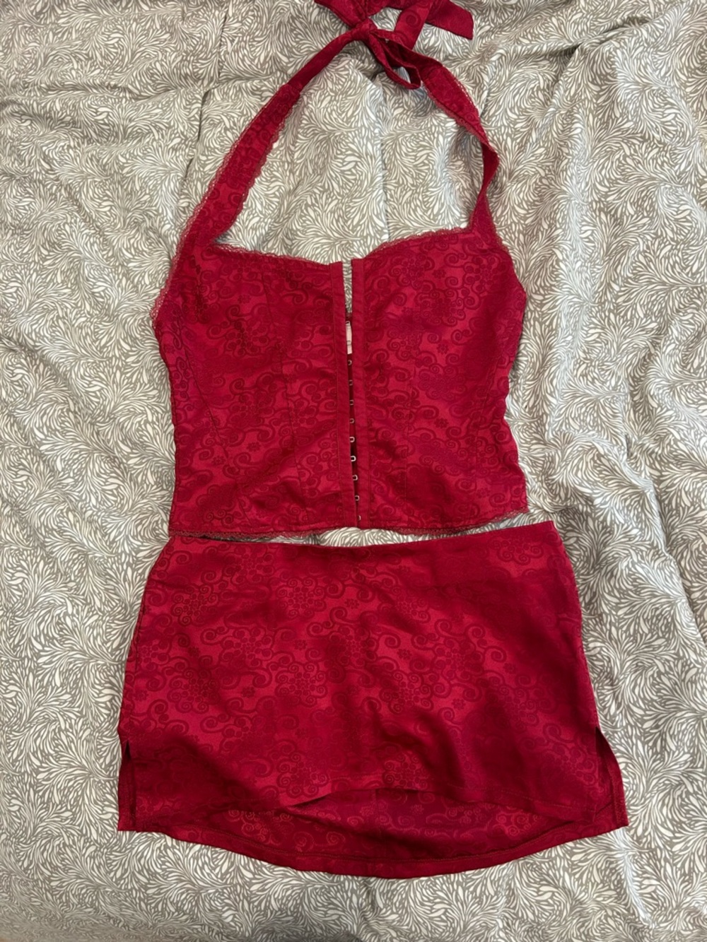 Red Two-Piece Halter Crop Top and Mini Skirt Set